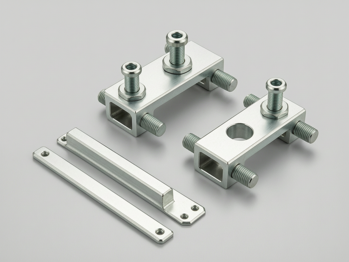 Aluminium mid clamps, end clamps and grounding legs with stainless steel bolts